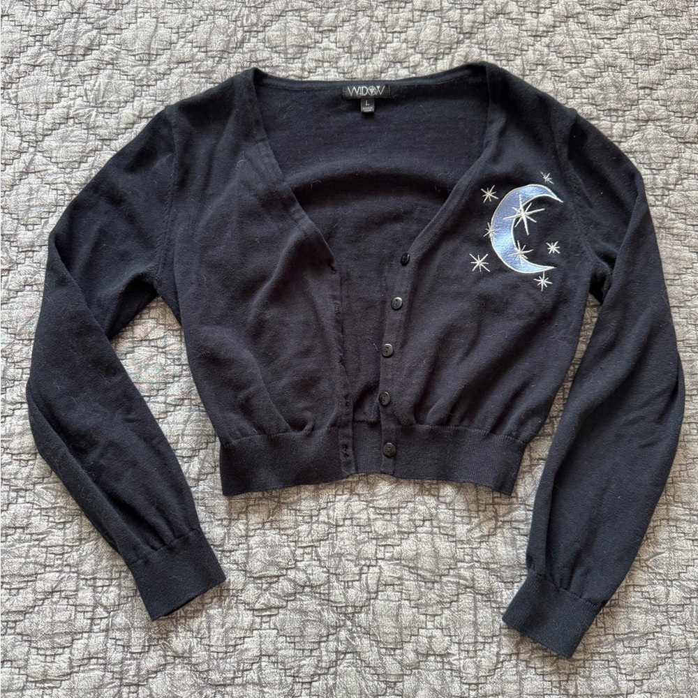 Dolls Kill Black Cropped Cardigan with Embroidery